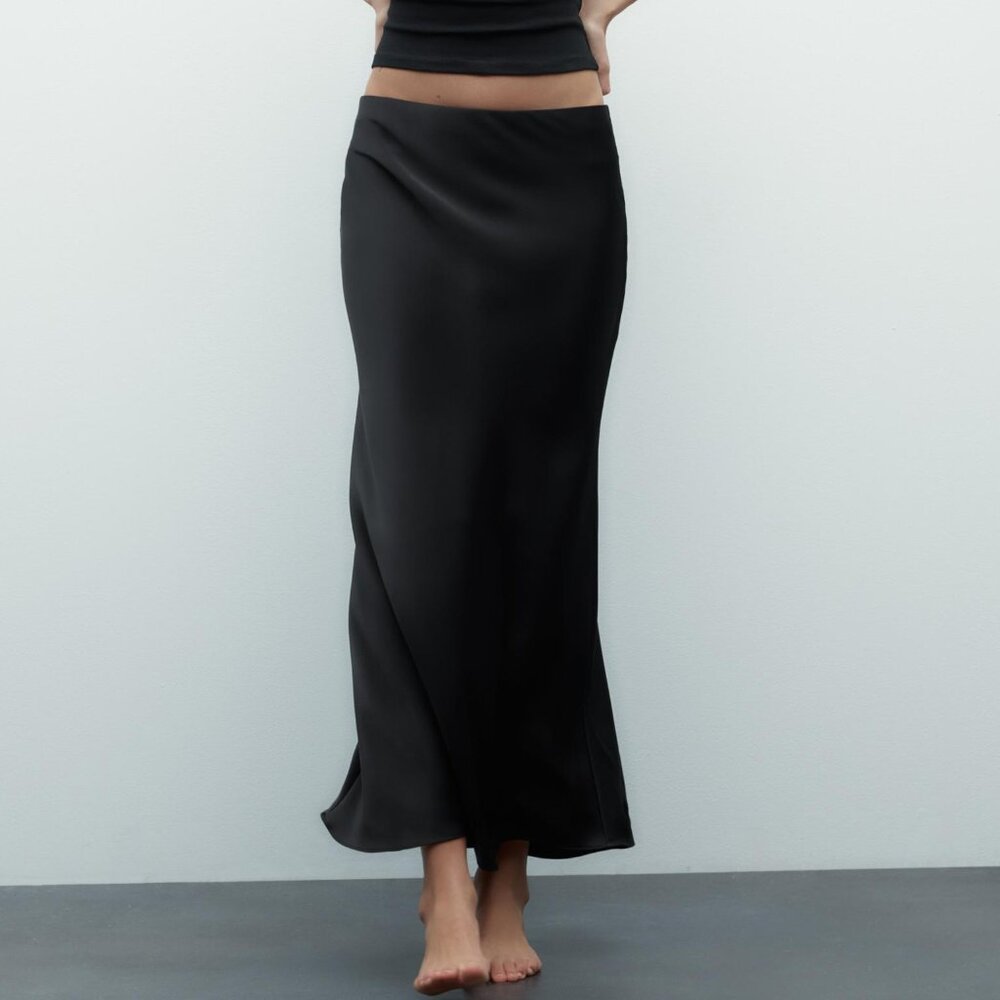 ZARA Black Satin Midi Skirt